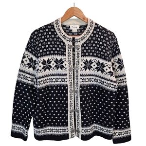 Cambridge Dry Goods Womens 100% Wool Fair Isles Nordic Cardigan Sweater Large